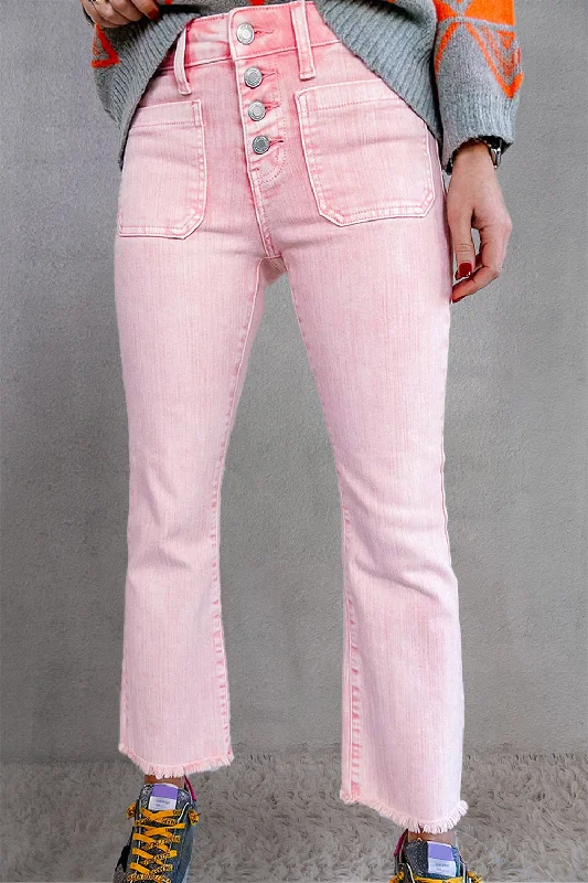 Raw Hem Button-Fly Jeans with Pockets Comfortable Flare Leg Jeans