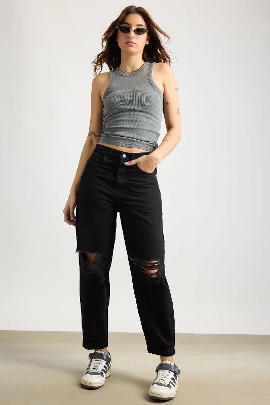 Relaxed Distress Black Jeans Casual Loose Fit Jeans