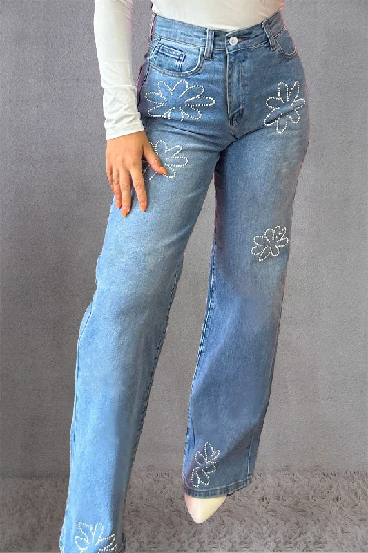 Rhinestone Straight Jeans with Pockets Comfortable Boyfriend Jeans