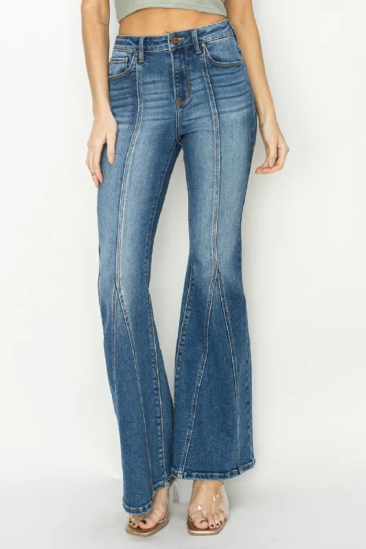 RISEN Full Size High Rise Front Seam Detailed Flare Jeans Fashionable Bootcut Jeans