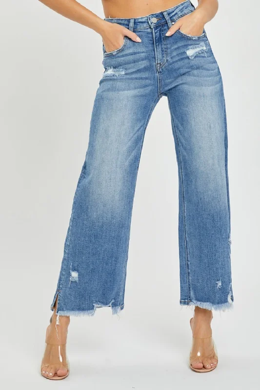 Risen High Rise Side Slit Raw Hem Cropped Jeans Fashionable Frayed Hem Denim