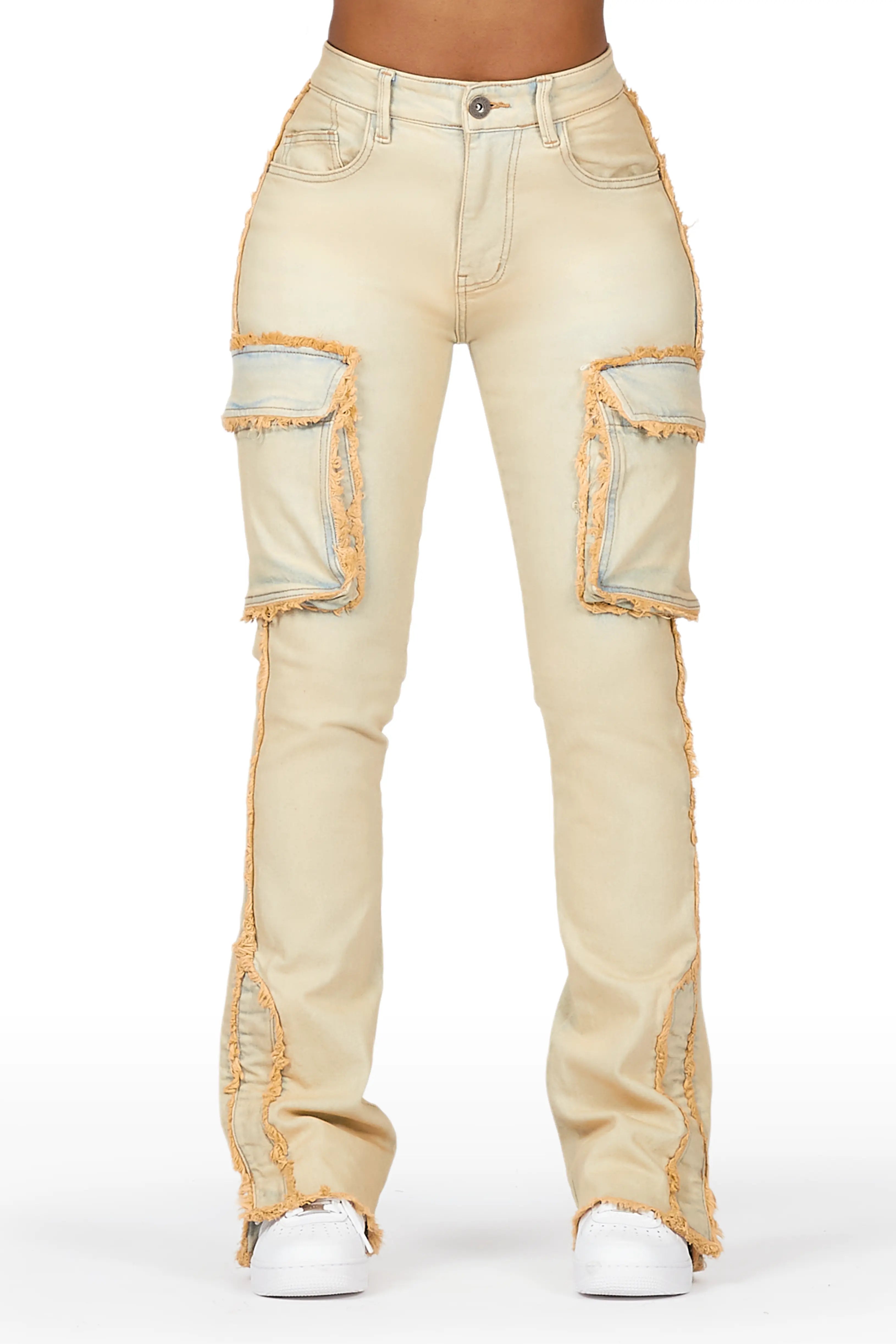 Camara Acid Wash Stacked Flare Jean Comfortable Drawstring Waist Jeans