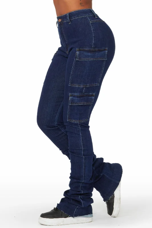 Vixen Dark Wash Cargo Super Stacked Jean Casual Skinny Fit Jeans