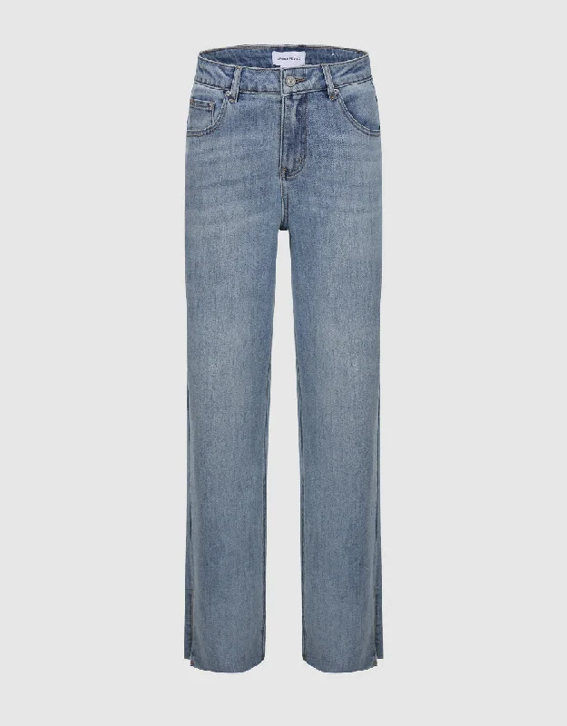 Split Hem Straight Jeans Comfortable Mid-Rise Jeans