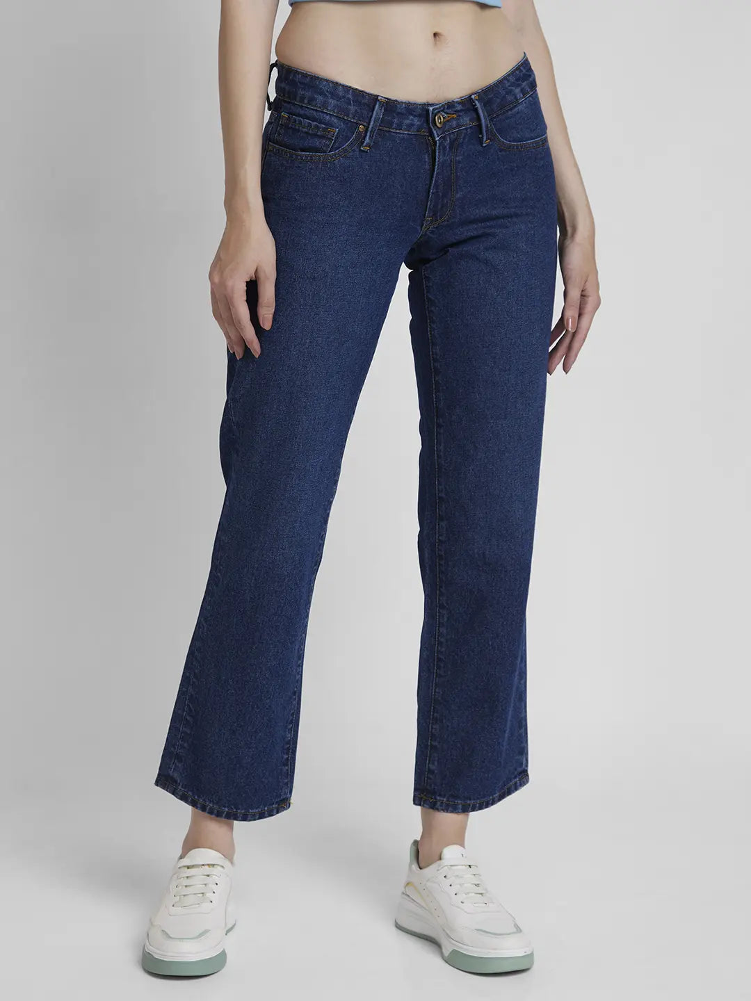 Spykar Women Dark Blue Cotton Straight Fit Regular Length Clean Look Jeans -(Bella-Low) Chic Double Waistband Jeans