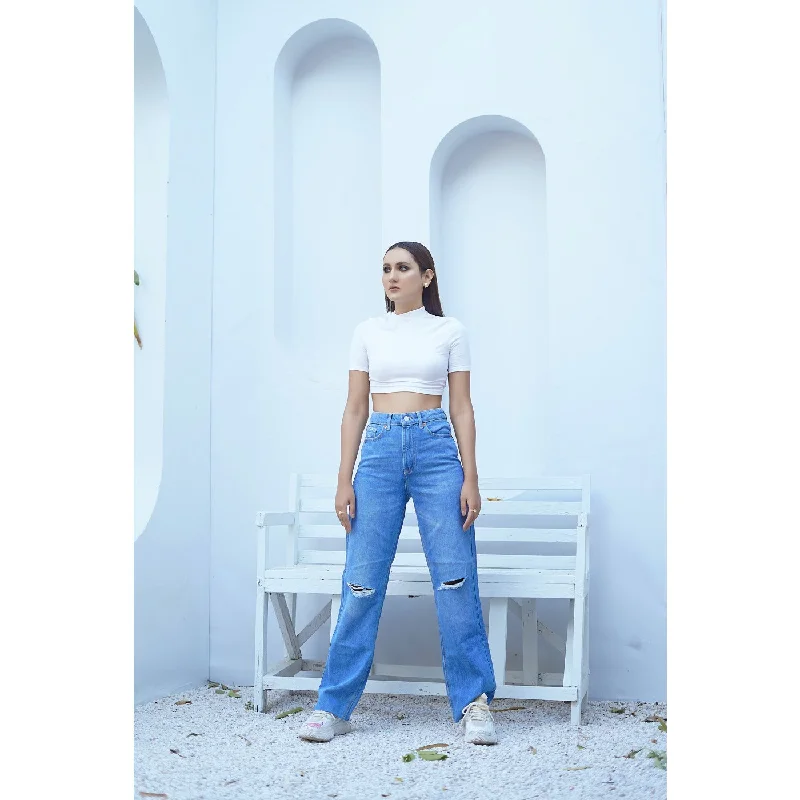 FF Blue Straight Ripped Jeans Trendy Wide-Legged High-Waist Jeans