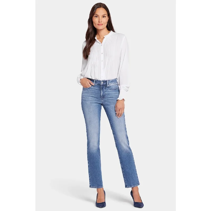 Mid Blue High Rise Straight Jeans Casual Distressed Denim Jeans