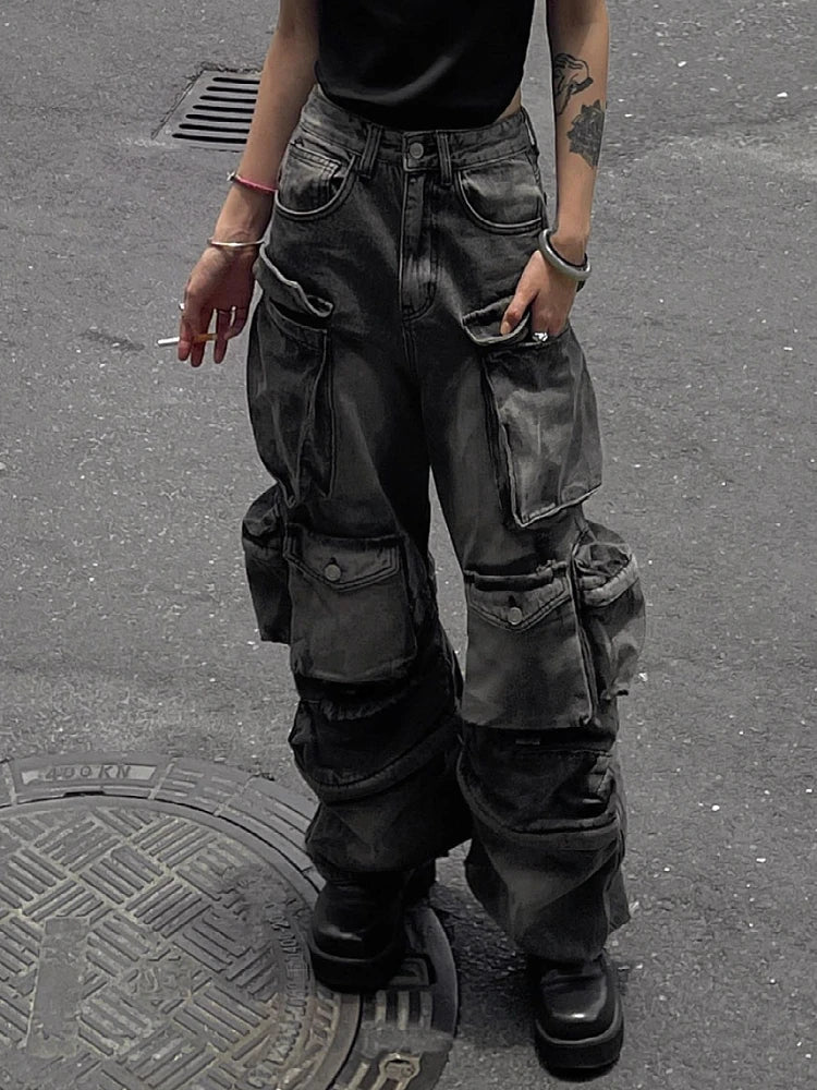 Women Baggy Y2K Goth Cyber Punk Denim Pants Cargo Pants Mom Jeans Classic Button Fly Jeans