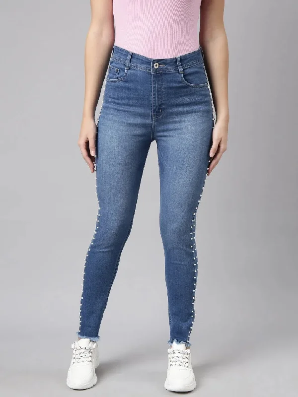 Women Skinny Fit Denim Blue Jean-LT-105534-Blue Trendy Wide-Leg High-Waist Denim