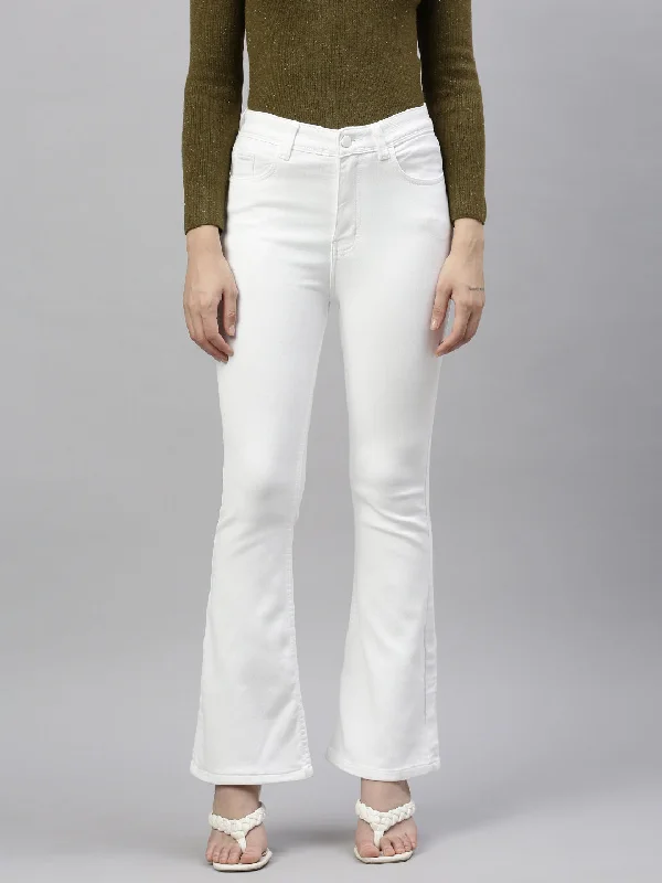 Women White Bootcut Jeans-GZ-5971-White Comfortable Mid-Rise Jeans