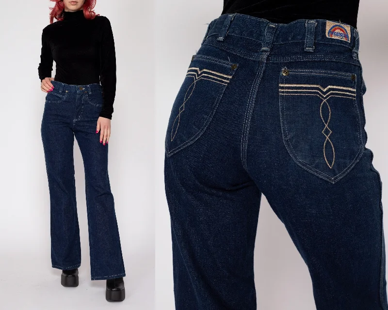 XS 70s Wrangler Dark Wash Rainbow Tag Flared Jeans Fashionable Slim Fit Jeans