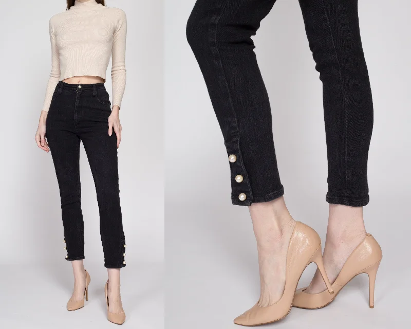 XS 80s Black Ankle Button Skinny Jeans 24"-26" Elegant Dark-Wash Bootcut Jeans
