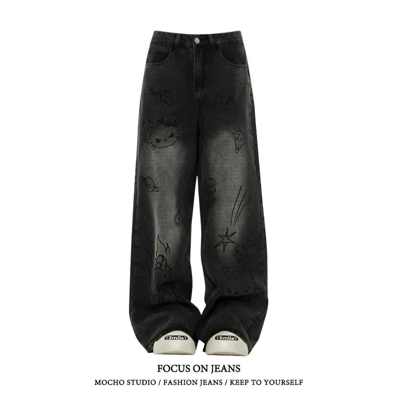 American Black High Street Casual Cartoon Print Wide Leg Pants for Women Fashionable Sporty Pants
