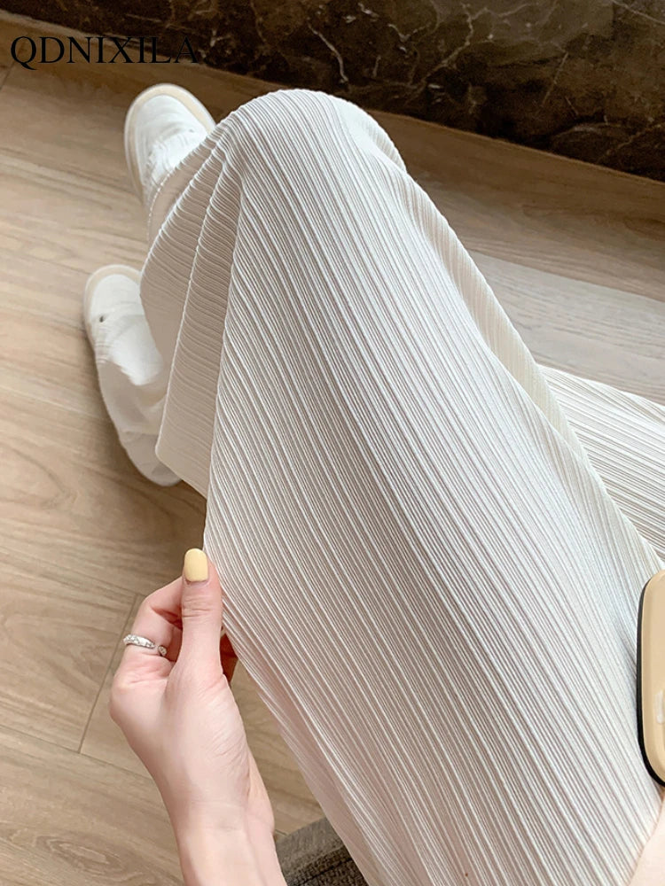 2024 Spring Summer Ice Silk Wide Leg Pants for Women Korean Slim-Fit Leggings