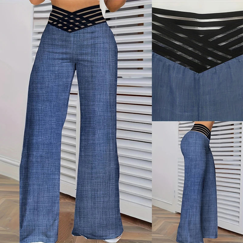2024 Women Wide Leg Flared Pants Autumn Casual Crisscross Sheer Mesh Patch Soft Sweatpants Style 2024 Women Wide Leg Flared Pants Autumn Casual Crisscross Sheer Mesh Patch Soft Sweatpants Style