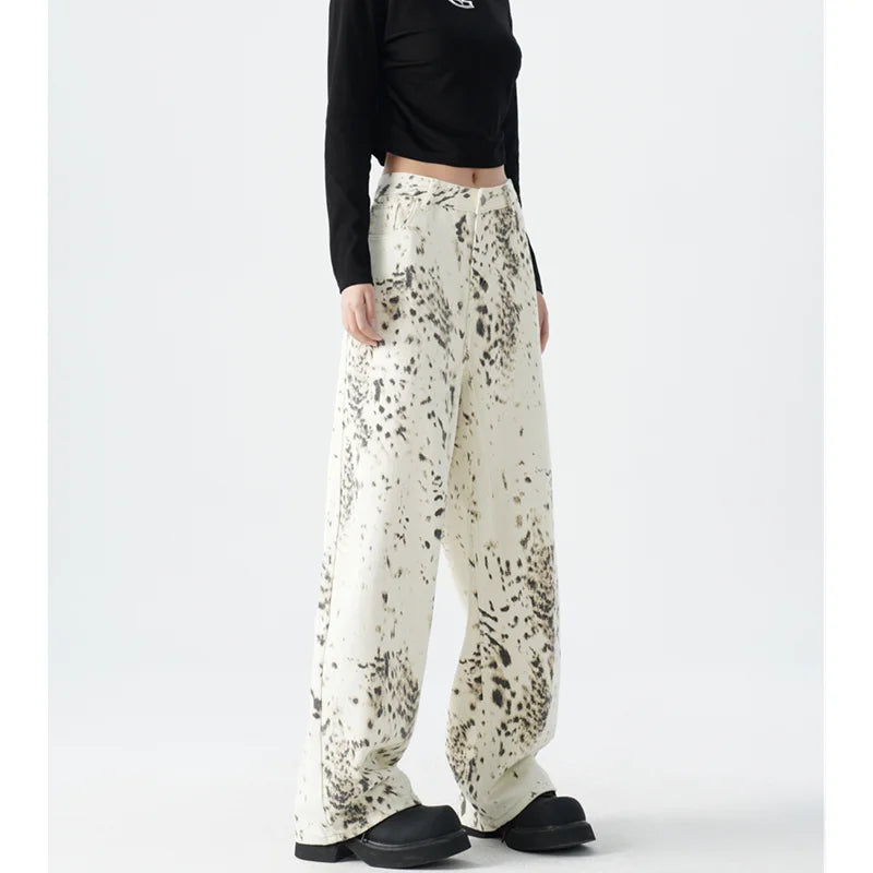 American Retro High Street Casual Leopard Print Loose Wide Leg Pants for Women Comfy Athletic Pants