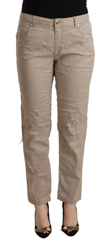 Beige Mid Waist Tapered Pants Slim-Fit Leggings