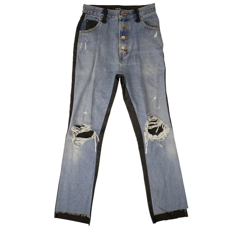 AMIRI Blue Denim Black Leather Pants Trendy Velvet Pants