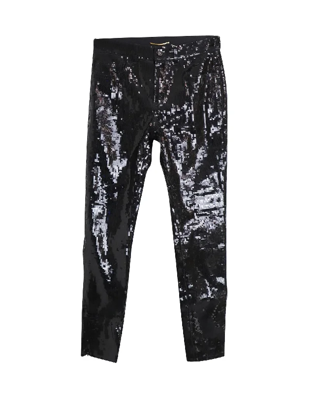 Saint Laurent Sequined Straight Pants in Black Cotton Soft Stretch Leggings