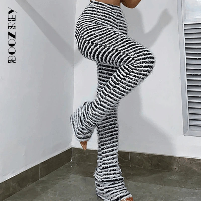 Black and White Knitted Pants Women Bottoms Classic Pleated Pants