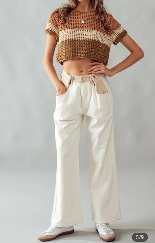 Buttoned Waist Baggy Pants In Cream Classic Flared Pants