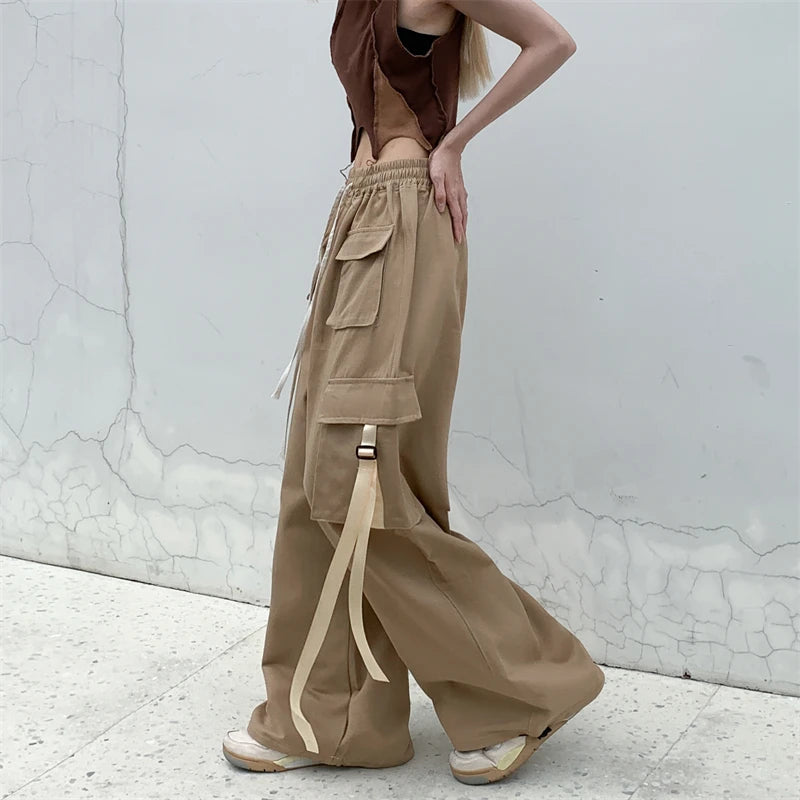 Cotton High Street Cargo Pants for Women Men with Ribbon High Waist Wide High-Waist Yoga Pants
