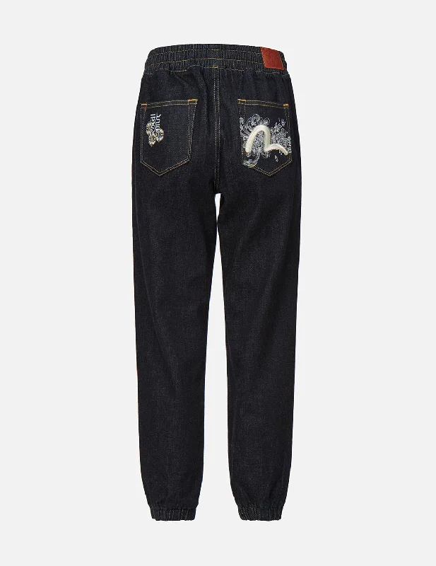 Discharged Chrysanthemum Denim Jogger Pants Casual Track Pants