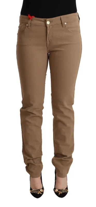 Elegant Brown Mid Waist Skinny Pants Chic Checkered Pants