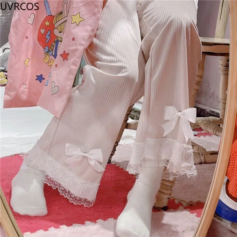 Women's Kawaii High Waist Corduroy Pants Sweet Bow Lace Relaxed Casual Leggings