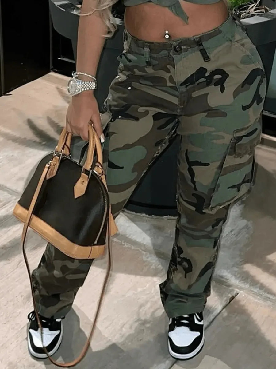 LW High Waist Camo Multicolor Cargo Pants XS-5XL Street Casual Side Pocket Camouflage Relaxed Casual Leggings