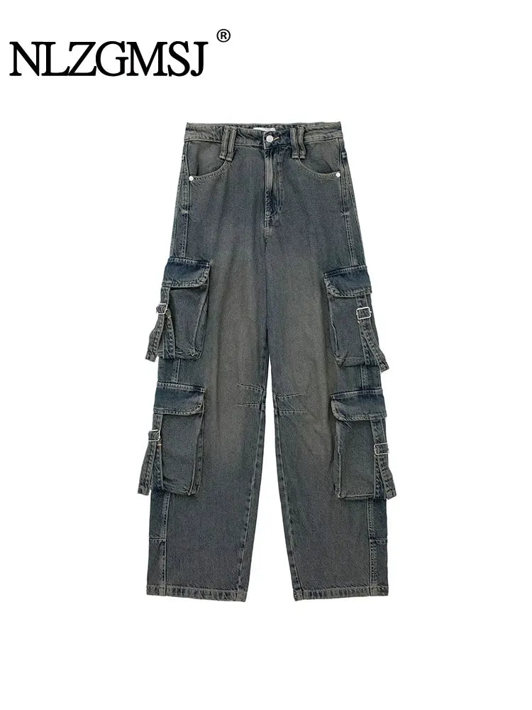 Woman Mid Waist Vintage Street Hot Baby For Pocket Workwear Denim Cargo Long Pants Stylish Slim Trousers