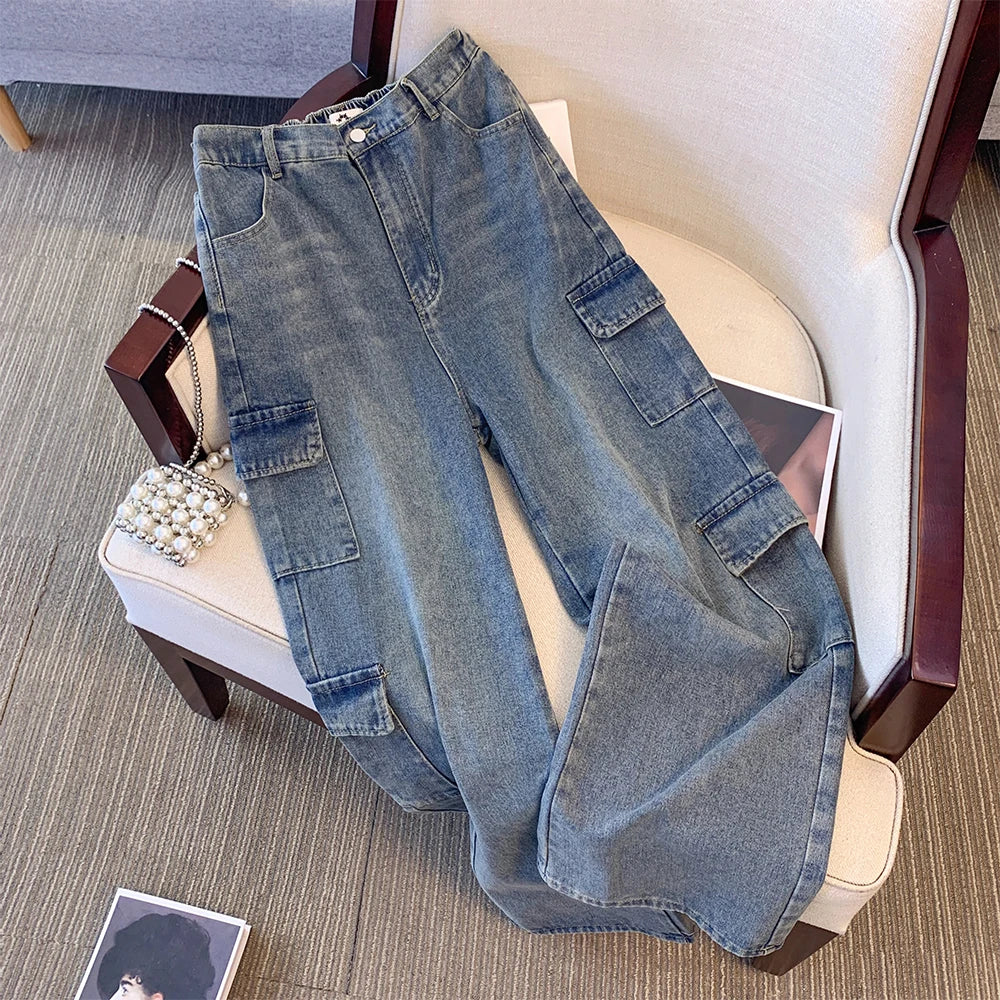 Plus size women's fall casual denim pants Blue washed denim cargo pants Cozy Maternity Pants Plus size women's fall casual denim pants Blue washed denim cargo pants Cozy Maternity Pants