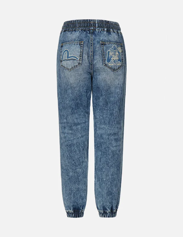 Seagull and Godhead Denim Appliqué Denim Jogger Pants Elegant Palazzo Trousers