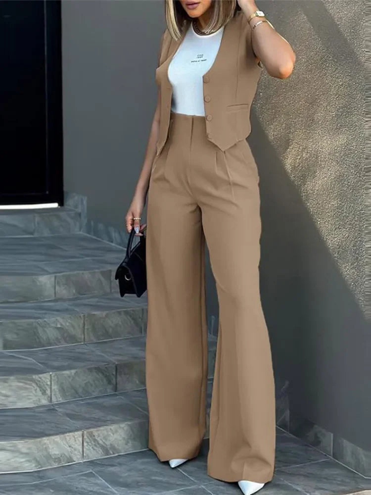 Stylish Women Commuting Vest Tops High Waist Wide Leg Pants Stylish Slim Trousers
