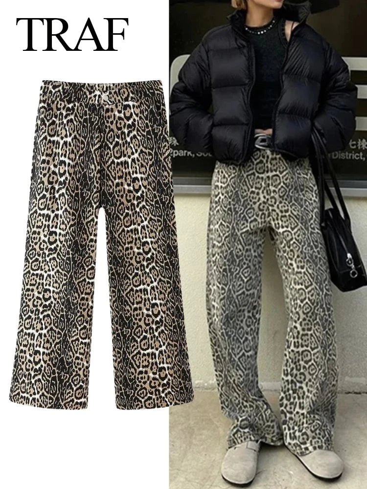 Women Vintage Leopard Wash Denim Pant 2024 Spring Hip Hop Loose Chic Faux Leather Pants Women Vintage Leopard Wash Denim Pant 2024 Spring Hip Hop Loose Chic Faux Leather Pants