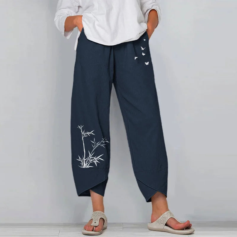 Vintage Print Women Pants Fashion Irregular Casual High Waist Elastic Waist Straigh Stylish Paperbag Waist Pants
