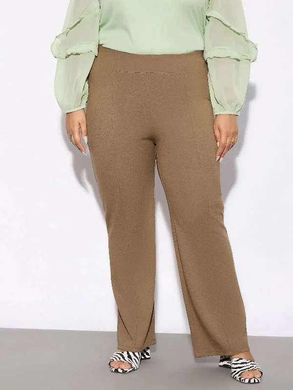 Women Beige Front Seam Straight Pants Trendy High-Waist Trousers