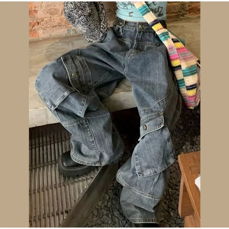 Women Big Pocket Oversize Loose Female Denim Pants 2023 Autumn Winter Comfy Cargo Trousers Women Big Pocket Oversize Loose Female Denim Pants 2023 Autumn Winter Comfy Cargo Trousers