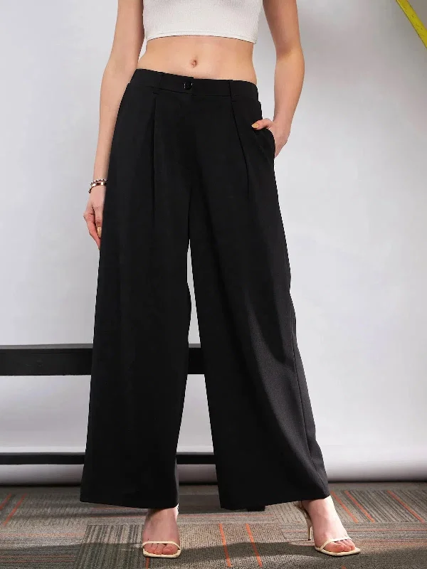 Women Black Front Pleated Loose Fit Korean Pants Fashionable Tapered Leg Pants