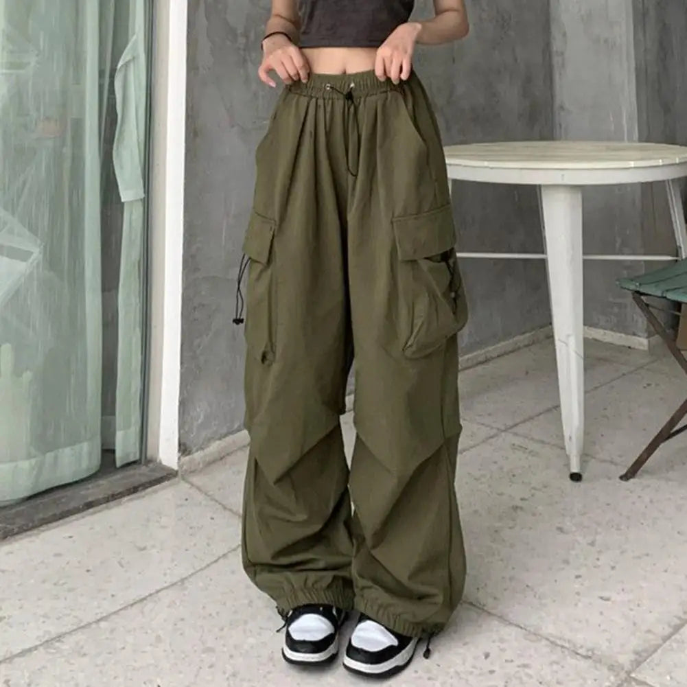 Women Cargo Pants Hip Hop Baggy Solid Color Multi Pockets Elastic Waist Match Top Formal Dress Pants