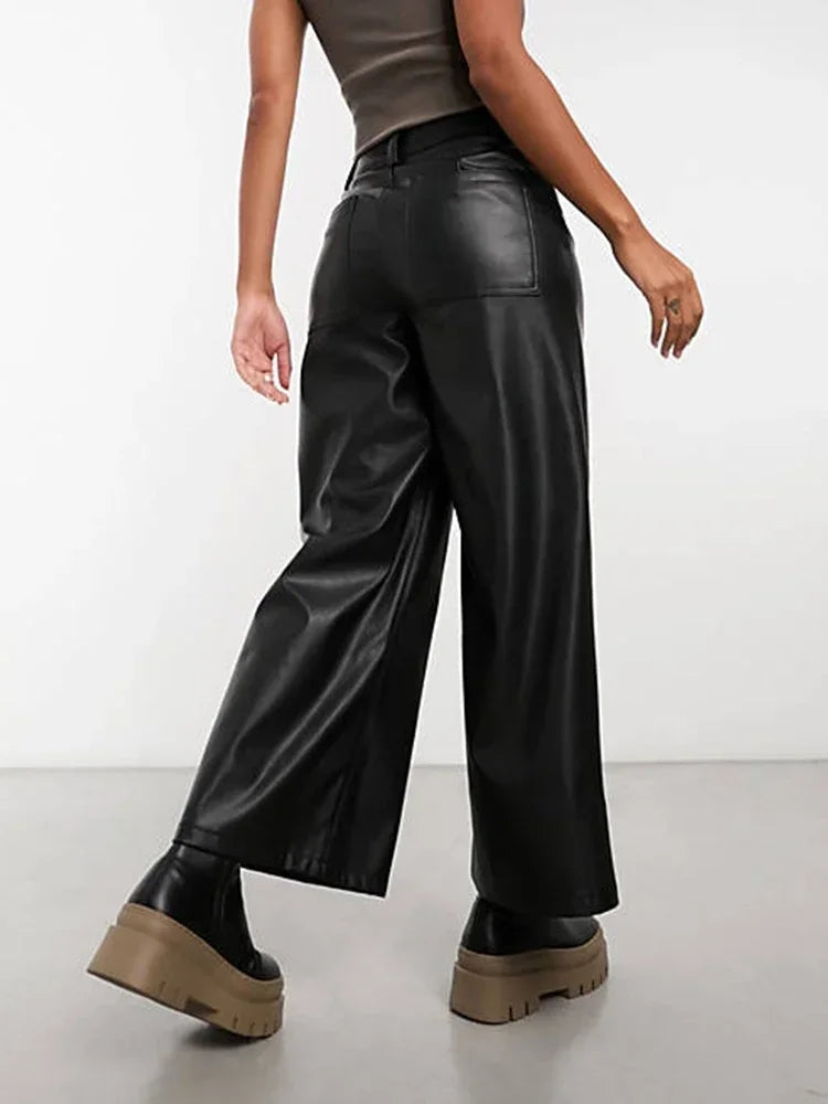Women Casual Loose Faux Leather Cargo Pants Fashion Ladies Vintage Matte Trendy Palazzo Pants