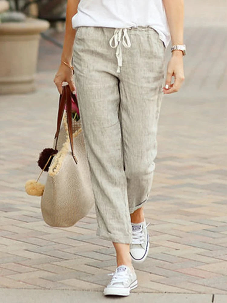 Women Elegant Simple Pants Fashion Drawstring Design Solid Color Cropped Pants Formal Linen Trousers Women Elegant Simple Pants Fashion Drawstring Design Solid Color Cropped Pants Formal Linen Trousers