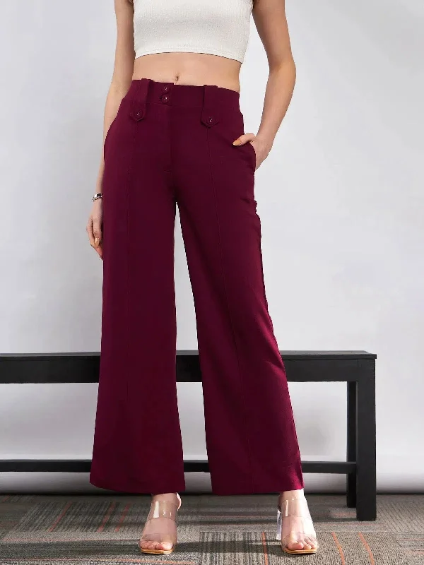 Women Red Double Button Waist Straight Pants Soft Stretch Trousers