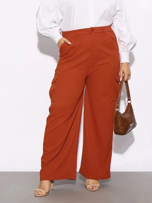 Women Rust Pleated Detail Straight Pants Casual Drawstring Pants