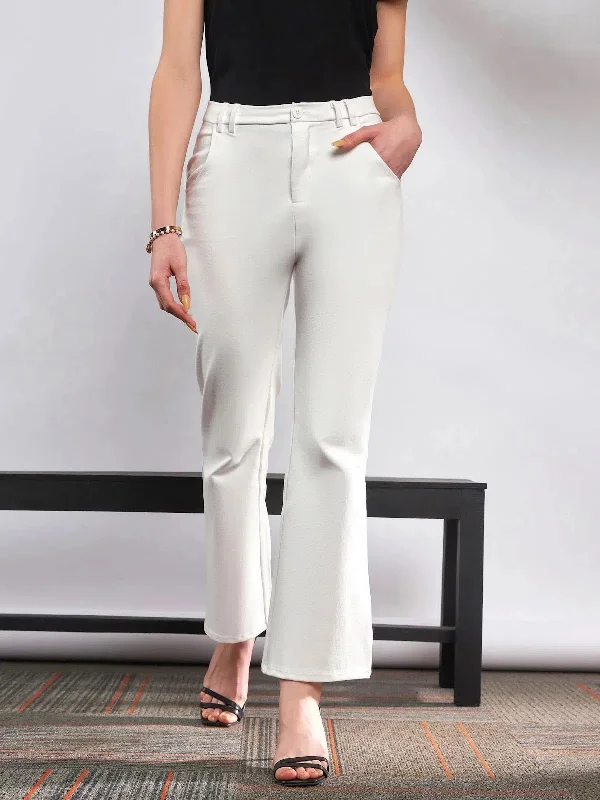 Women White Knit Bell Bottom Pants Elegant Trouser Pants