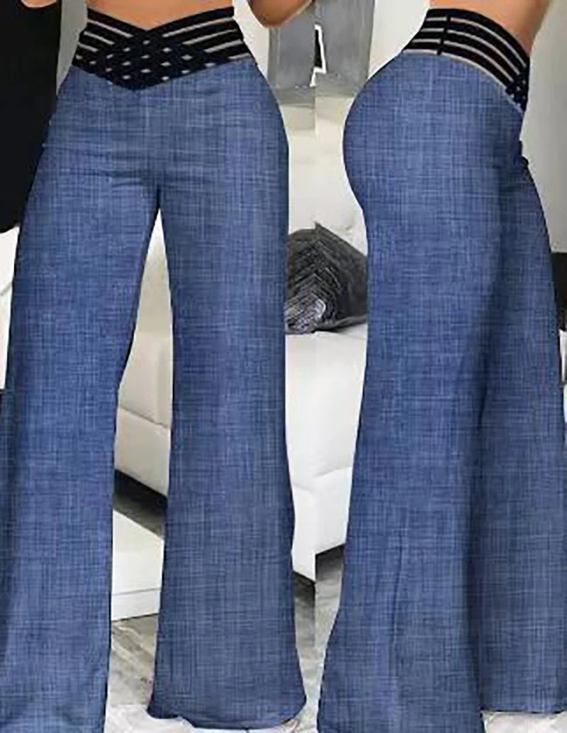 Women Wide Leg Flared Pants Crisscross Sheer Mesh Patch High Waist Pant Stylish Elastic Waist Pants Women Wide Leg Flared Pants Crisscross Sheer Mesh Patch High Waist Pant Stylish Elastic Waist Pants