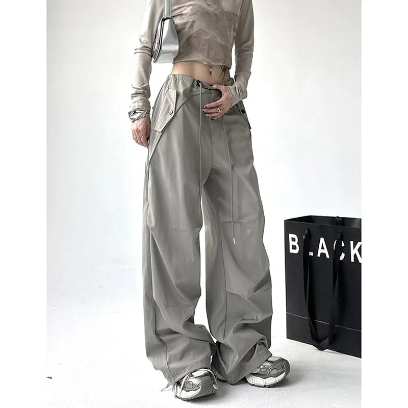 Women's Grey Drawstring Cargo Pants Fashion Y2k High Waist Pocket Straight Pants Fashionable Sporty Pants Women's Grey Drawstring Cargo Pants Fashion Y2k High Waist Pocket Straight Pants Fashionable Sporty Pants