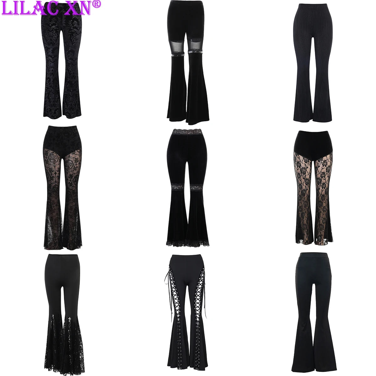 Y2K Gothic Black Lace Mesh Flared Pants Harajuku Aesthetic See Through Elegant Silk Pants
