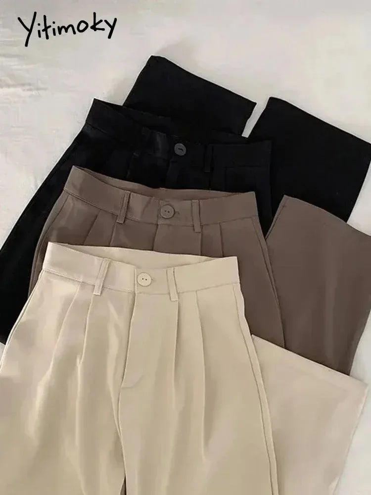 Black Suit Pants Women Casual High Waist Korean Fashion Comfy Zip-Up Pants