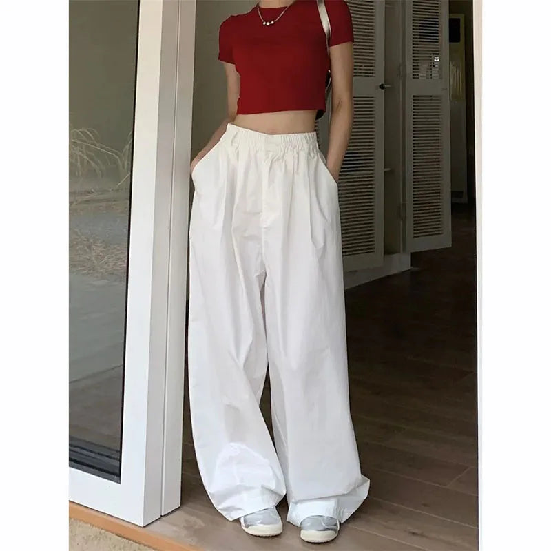 Y2K White Hip Hop Wide Leg Pants Women Autumn High Waist Korean Stylish Slim Trousers